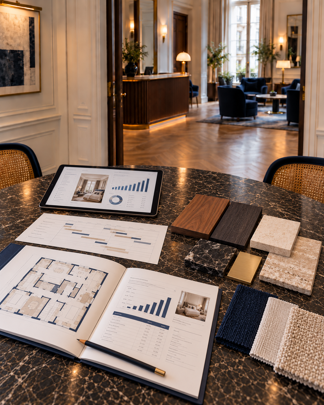 Plans, analyse financière et échantillons de matériaux dans un intérieur hôtelier parisien